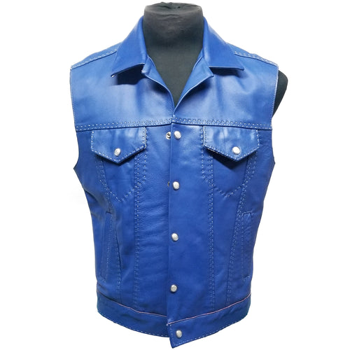 Blue Genuine Leather Vest Snap Button Closure