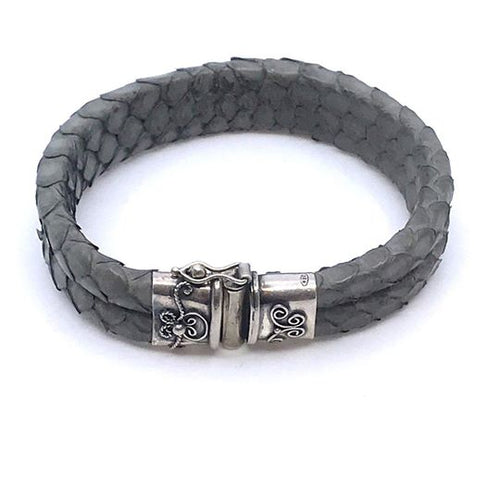 Steel Grey Snake Skin Leather Bracelet with Handcrafted Sterling Silver Closure