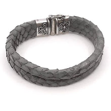 Load image into Gallery viewer, Steel Grey Snake Skin Leather Bracelet with Handcrafted Sterling Silver Closure