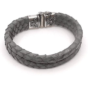 Steel Grey Snake Skin Leather Bracelet with Handcrafted Sterling Silver Closure