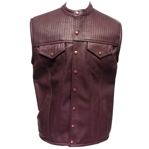 Burgundy Genuine Leather Vest Snap Button Closure