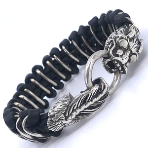 Silver Dragon & Brades Leather Bracelet