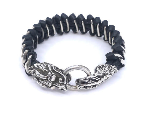 Silver Dragon & Brades Leather Bracelet