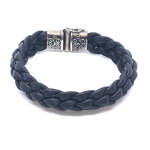 Black Hand Braided Leaher Bracelet with Sterling Silver Closure