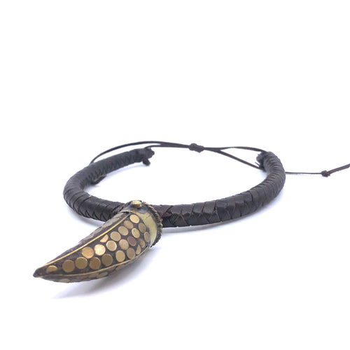 Hand braided Genuine Brown Suede Necklace with Horn Pendent