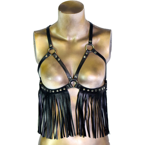 Black Leather Female Harness with Black Fringe Chest Harness, Leather Harness, (FFH01)