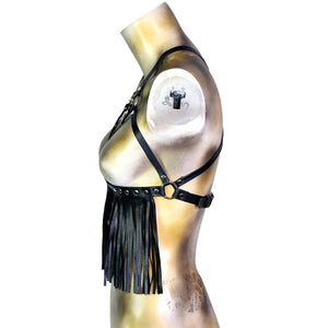 Black Leather Female Harness with Black Fringe Chest Harness, Leather Harness, (FFH01)