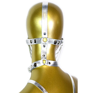 Metallic Silver Harness with Silver Bike Chain Chest Harness, Leather Harness, Head Harness and Choker(HHCCH001)