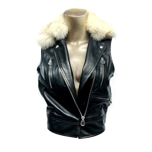 Genuine Black Leather Vest, Removable genuine fur neck optional.
