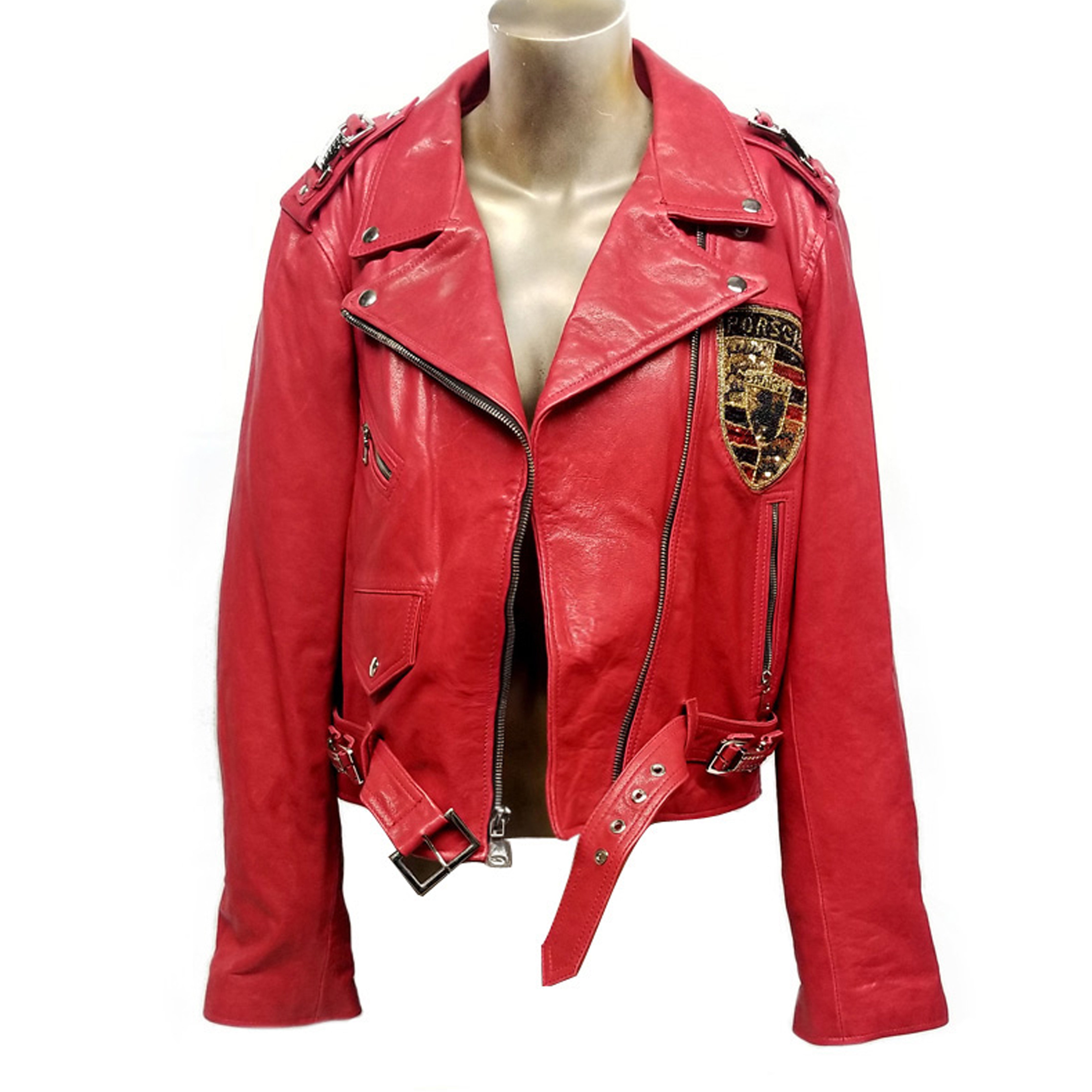 Red Leather Motorcycle Jacket for Women