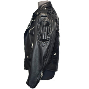 Men's Black Biker Leather Jacket, Natural Python trims.