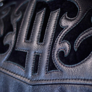 Men's Black Biker Leather Jacket, Natural Python trims.