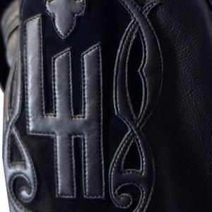 Men's Black Biker Leather Jacket, Natural Python trims.