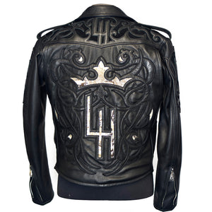Men's Black Biker Leather Jacket, Natural Python trims.
