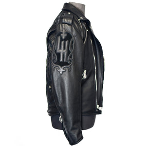 Men's Black Biker Leather Jacket, Natural Python trims.