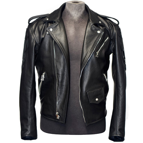 Men's Black Biker Leather Jacket, Natural Python trims.