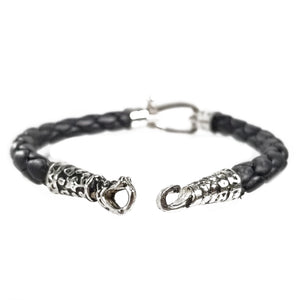 Stainless Steel Black Braided Leather Bracelets with Silver Snake End Tips