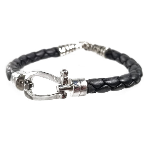 Stainless Steel Black Braided Leather Bracelets with Silver Snake End Tips