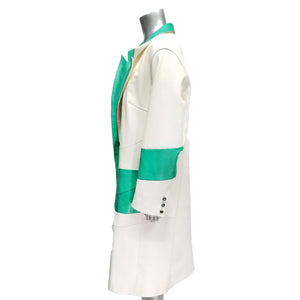 Genuine Vanilla White with Jade Green Leather Long Coat.
