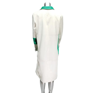 Genuine Vanilla White with Jade Green Leather Long Coat.