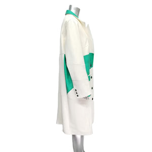 Genuine Vanilla White with Jade Green Leather Long Coat.