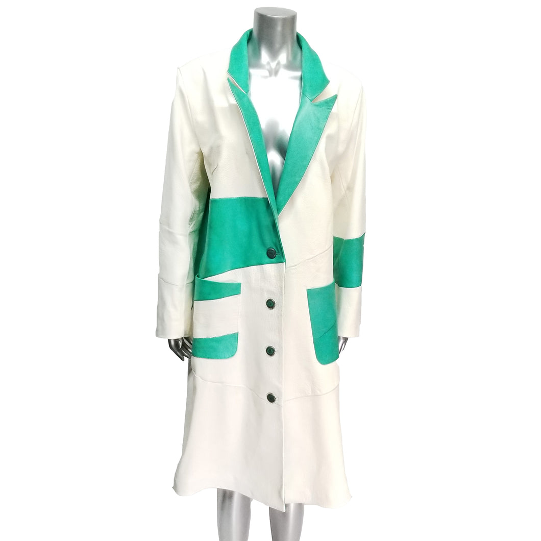 Genuine Vanilla White with Jade Green Leather Long Coat.